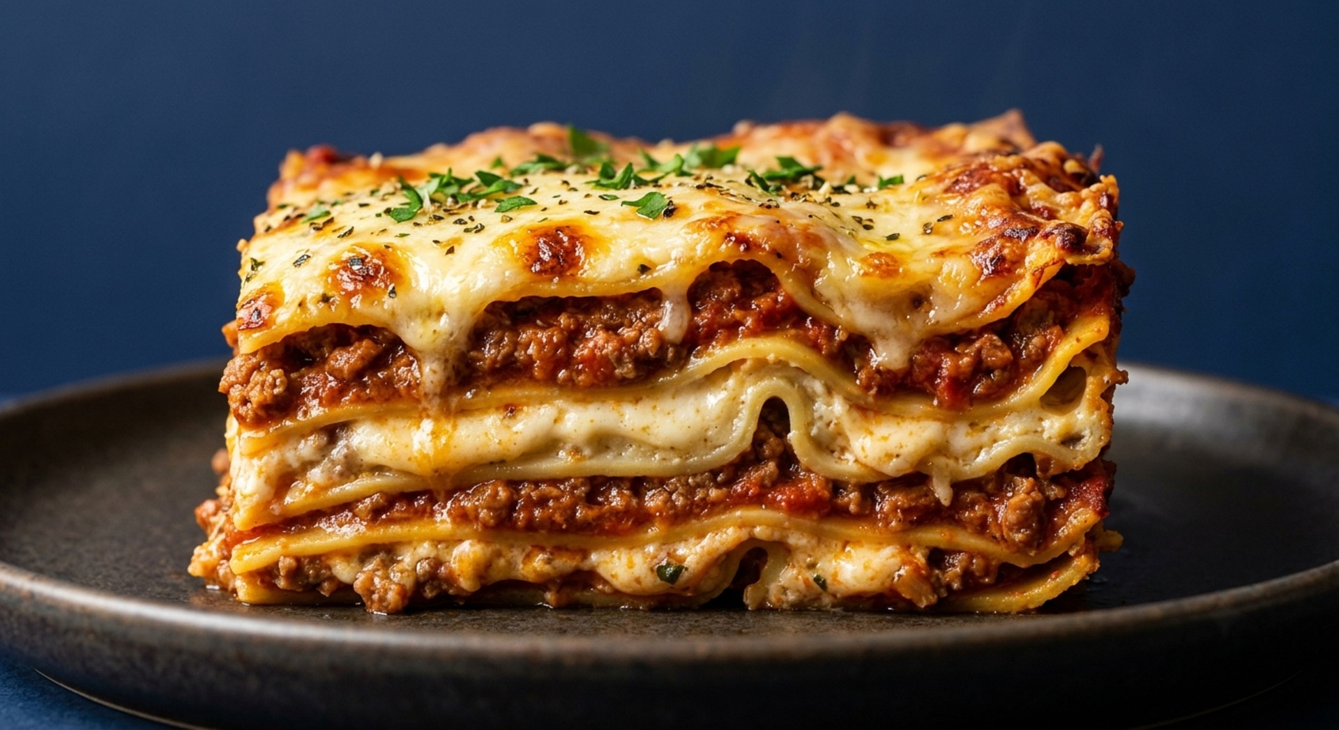 A slice of layered lasagna with melted cheese on a dark plate